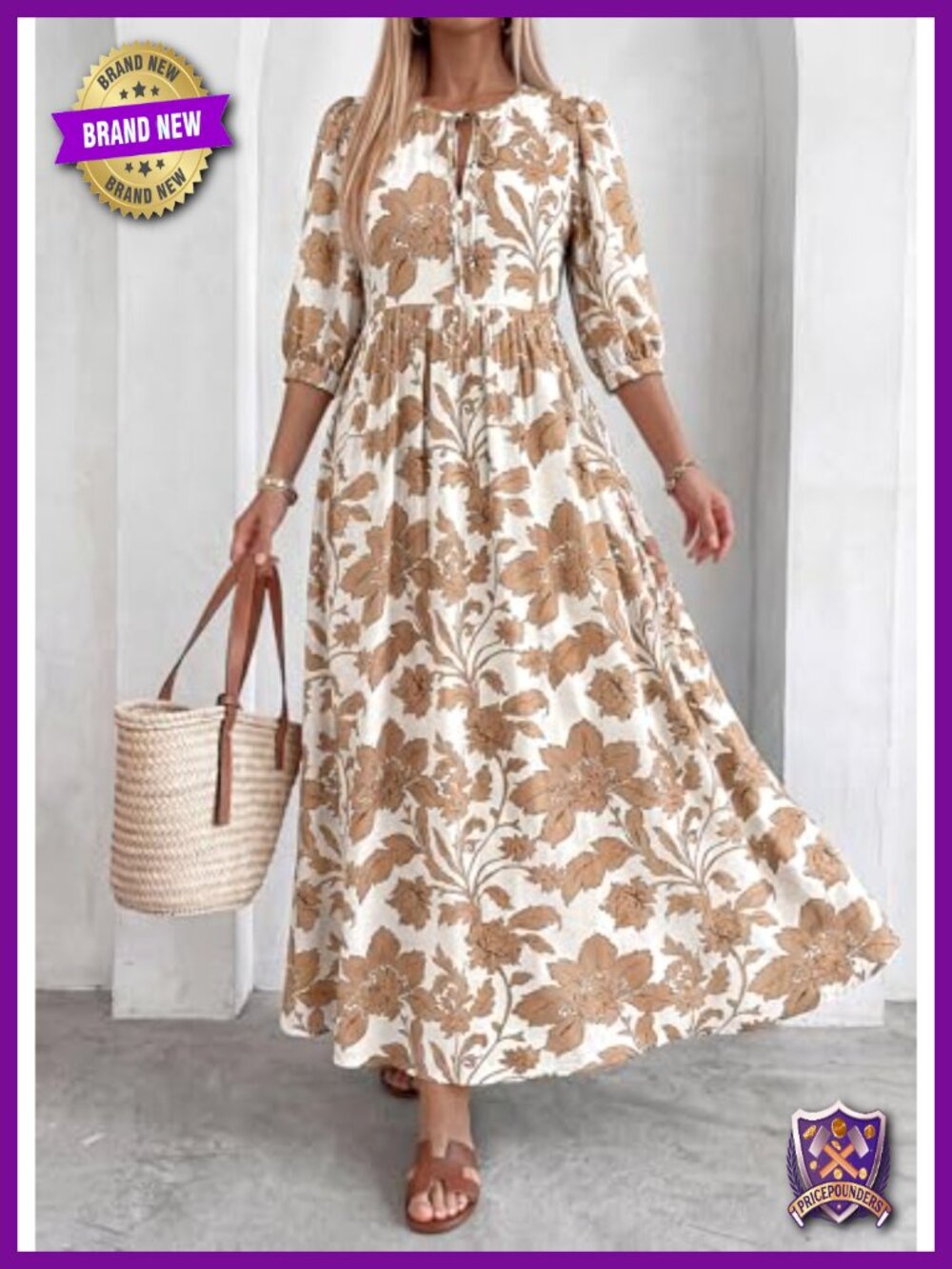 Women's Boho Floral Maxi Dress 3/4 Sleeve Drawstring Tie Neck Elastic Waist - Picture 4 of 6